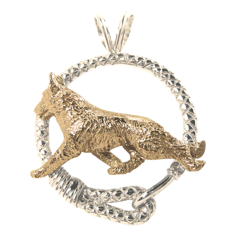 German Shepherd Dog in Solid 14K Gold and Sterling Silver Leash Pendant
