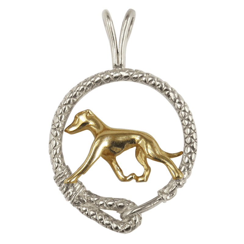 Solid 14K Gold Greyhound in Sterling Silver Leash Pendant