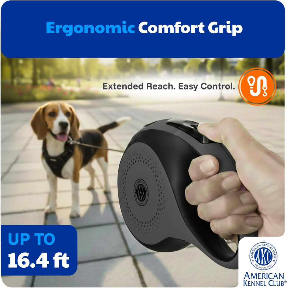 American Kennel Club Retractable Dog Leash, 16.4ft, Tangle-Free, Ergonomic Grip, One-Hand Brake, for Medium & Large Dogs up to 66 lbs