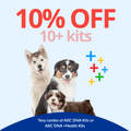 Promotional advertisement for AKC DNA kits with three dogs on a blue background and text overlay.
