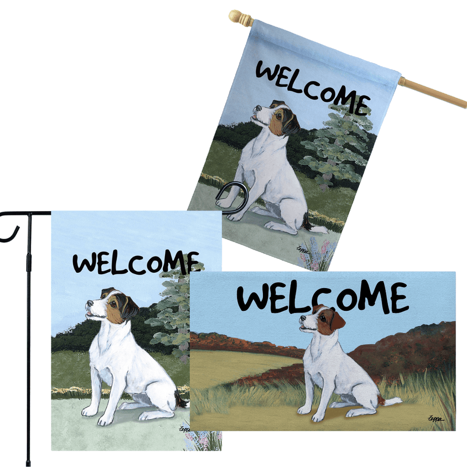 Russell Terrier 3 Piece Bundle - House Flag, Garden Flag, & Welcome Mat