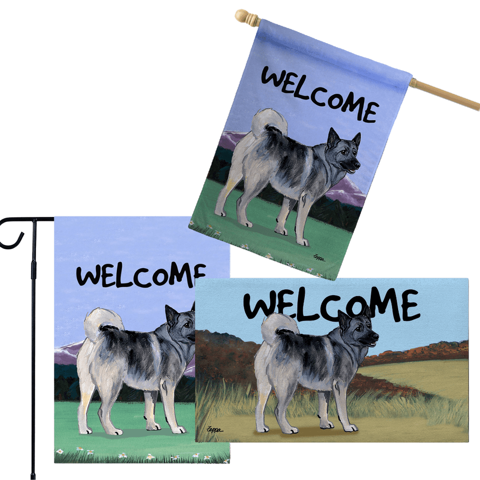 Norwegian Elkhound 3 Piece Bundle - House Flag, Garden Flag, & Welcome Mat