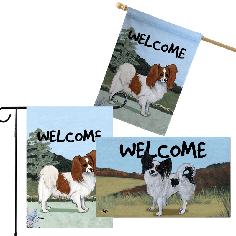 Papillon 3 Piece Bundle - House Flag, Garden Flag, & Welcome Mat