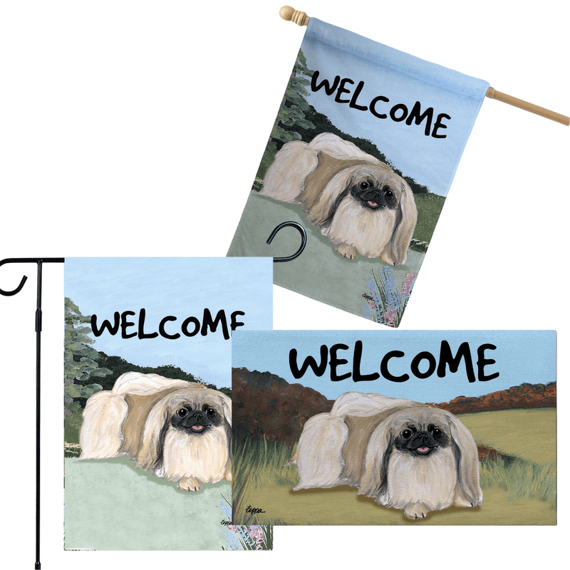Pekingese 3 Piece Bundle - House Flag, Garden Flag, & Welcome Mat