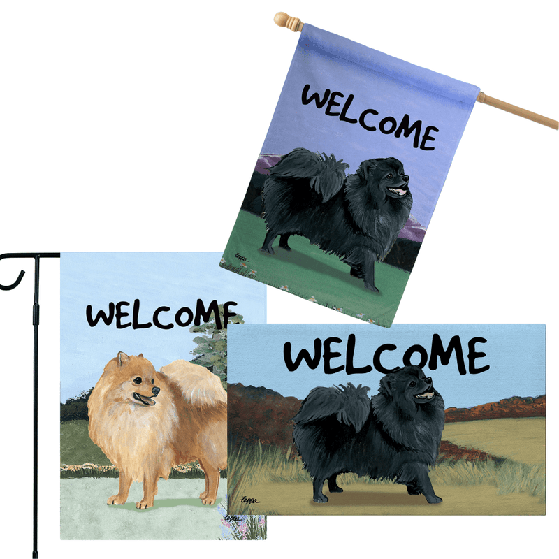 Pomeranian 3 Piece Bundle - House Flag, Garden Flag, & Welcome Mat