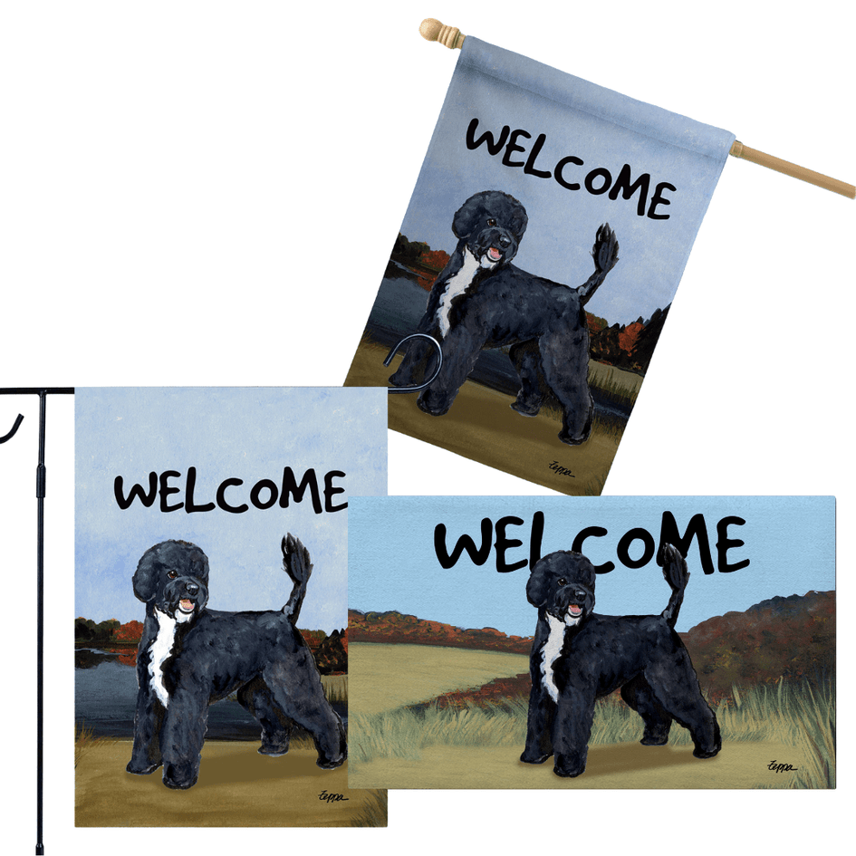 Portuguese Water Dog Black 3 Piece Bundle - House Flag, Garden Flag, & Welcome Mat