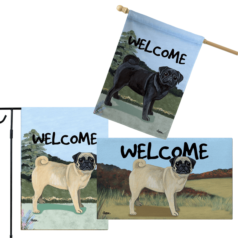 Pug 3 Piece Bundle - House Flag, Garden Flag, & Welcome Mat