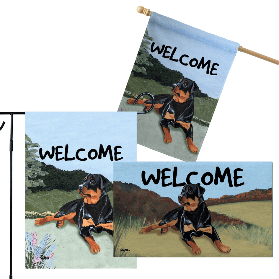 Rottweiler 3 Piece Bundle - House Flag, Garden Flag, & Welcome Mat
