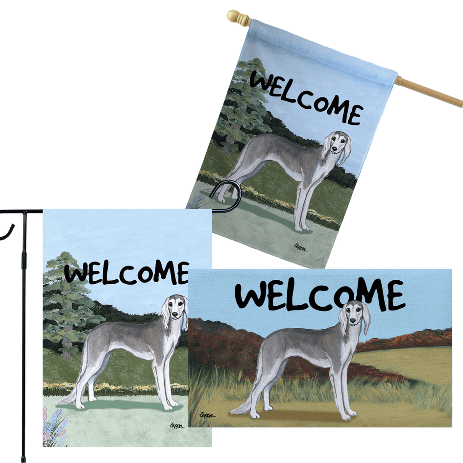 Saluki 3 Piece Bundle - House Flag, Garden Flag, & Welcome Mat