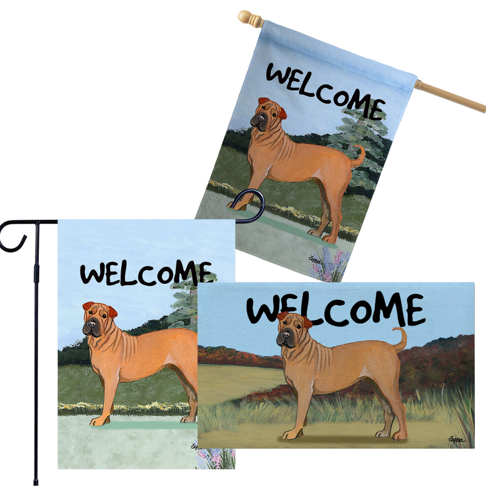 Shar Pei 3 Piece Bundle - House Flag, Garden Flag, & Welcome Mat