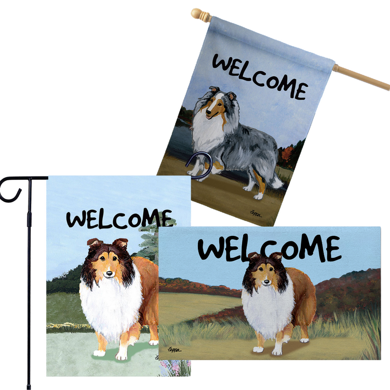 Shetland Sheepdog 3 Piece Bundle - House Flag, Garden Flag, & Welcome Mat
