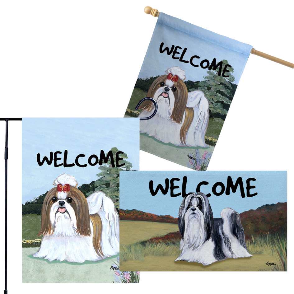 Shih Tzu 3 Piece Bundle - House Flag, Garden Flag, & Welcome Mat