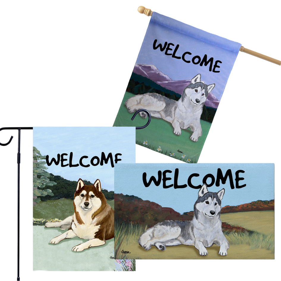 Siberian Husky 3 Piece Bundle - House Flag, Garden Flag, & Welcome Mat