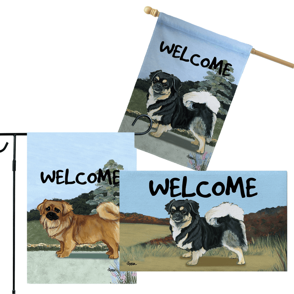 Tibetan Spaniel 3 Piece Bundle - House Flag, Garden Flag, & Welcome Mat