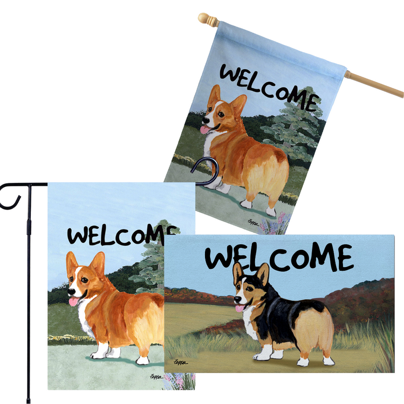 Welsh Corgi Pembroke 3 Piece Bundle - House Flag, Garden Flag, & Welcome Mat