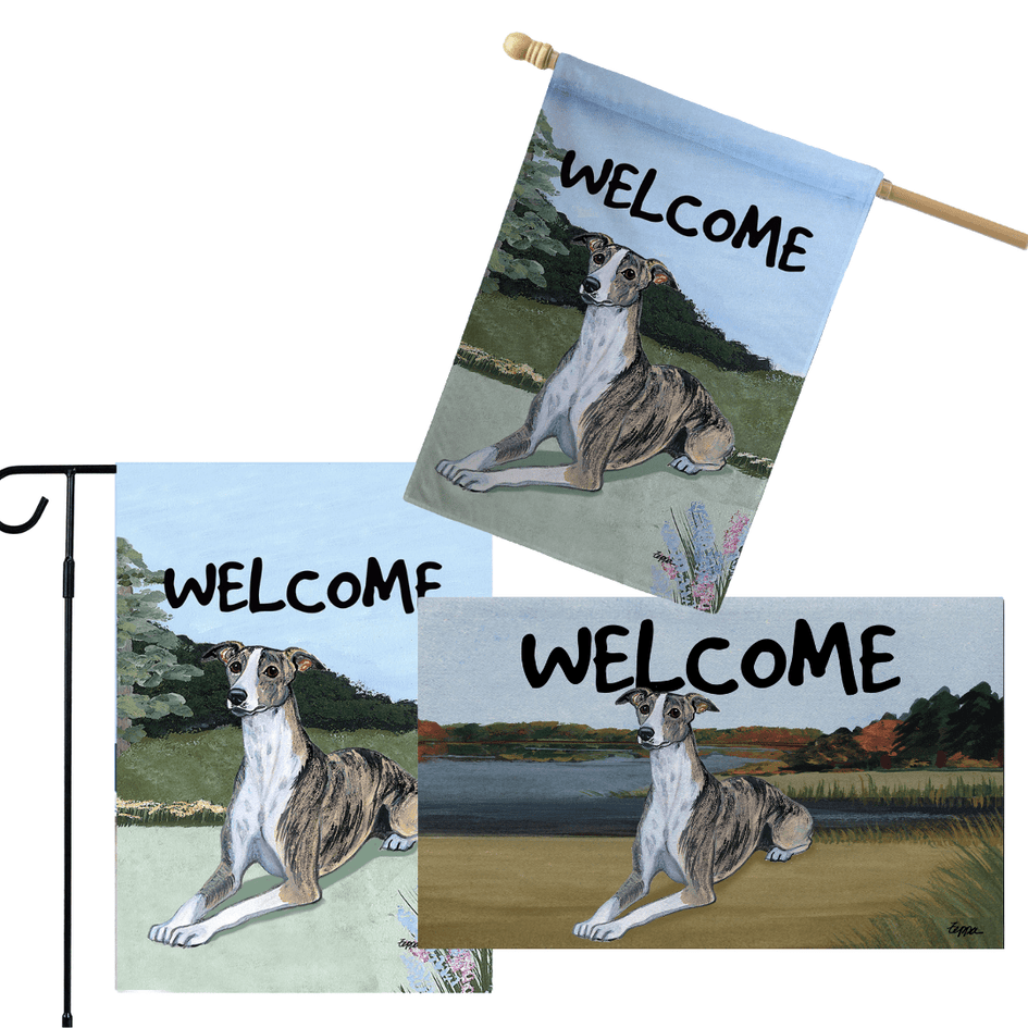 Whippet 3 Piece Bundle - House Flag, Garden Flag, & Welcome Mat