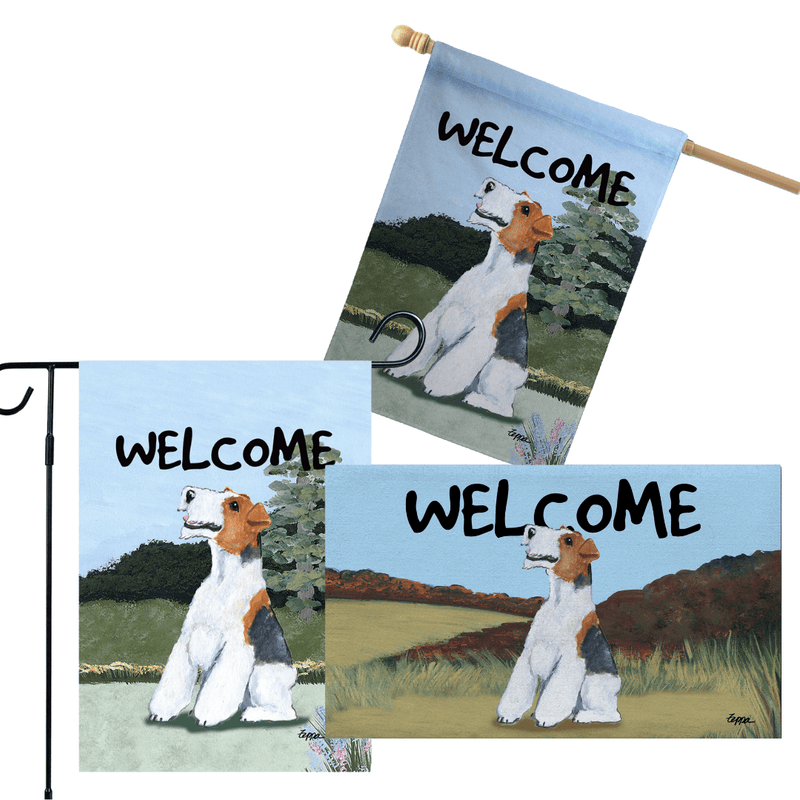 Wirehair Fox Terrier 3 Piece Bundle - House Flag, Garden Flag, & Welcome Mat
