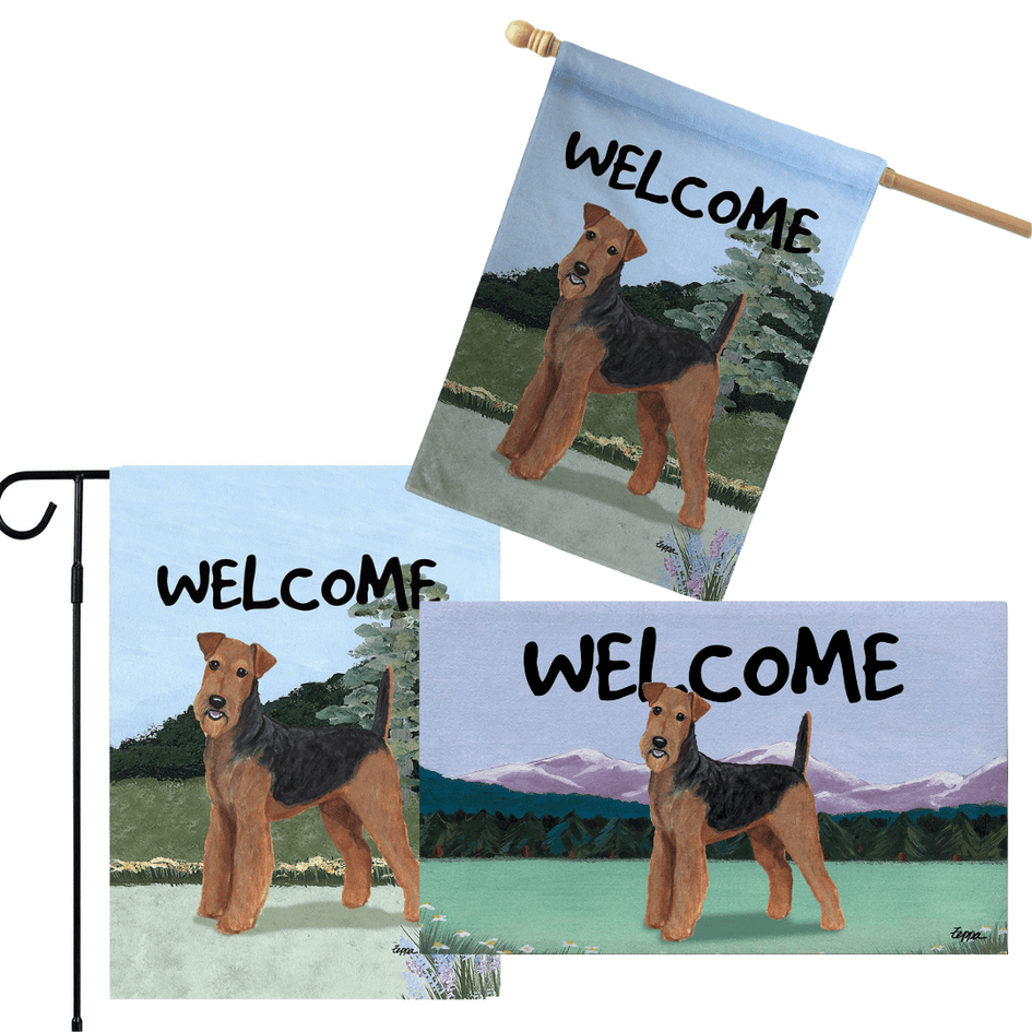 Airedale Terrier 3 Piece Bundle - House Flag, Garden Flag, & Welcome Mat