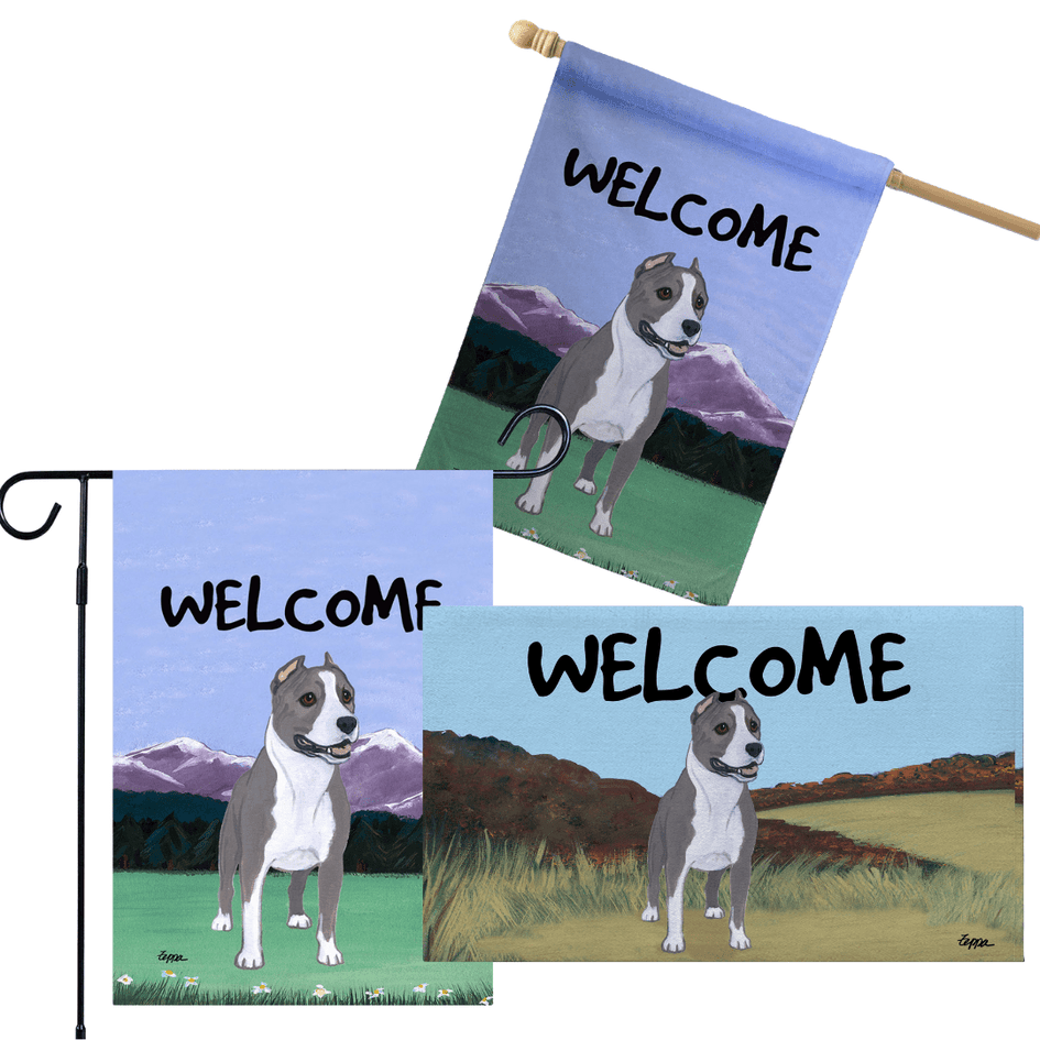 American Staffordshire 3 Piece Bundle - House Flag, Garden Flag, & Welcome Mat