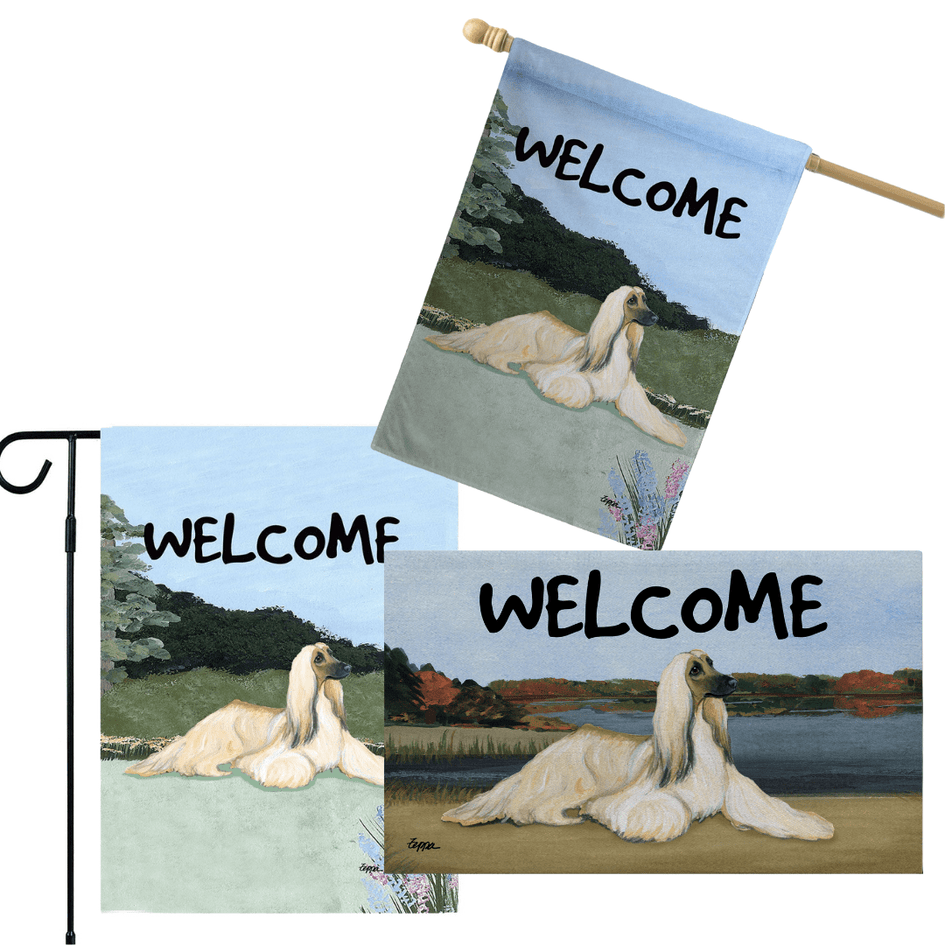 Afghan Hound 3 Piece Bundle - House Flag, Garden Flag, & Welcome Mat