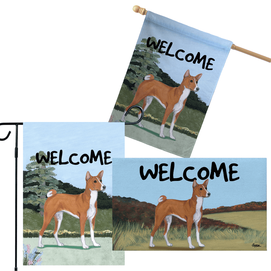 Basenji 3 Piece Bundle - House Flag, Garden Flag, & Welcome Mat