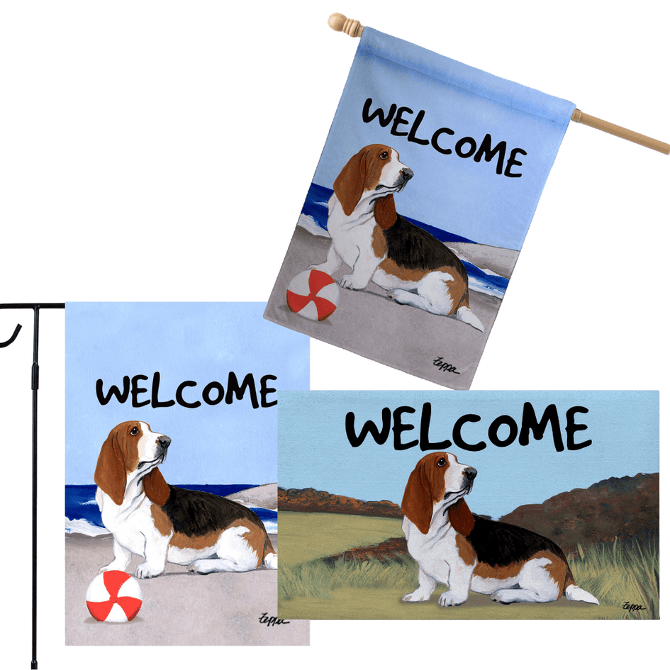 Basset Hound 3 Piece Bundle - House Flag, Garden Flag, & Welcome Mat