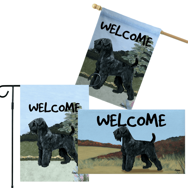 Black Russian Terrier 3 Piece Bundle - House Flag, Garden Flag, & Welcome Mat