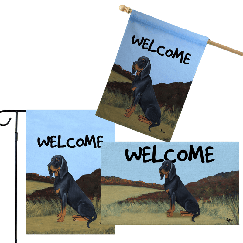 Black Tan Coonhound 3 Piece Bundle - House Flag, Garden Flag, & Welcome Mat
