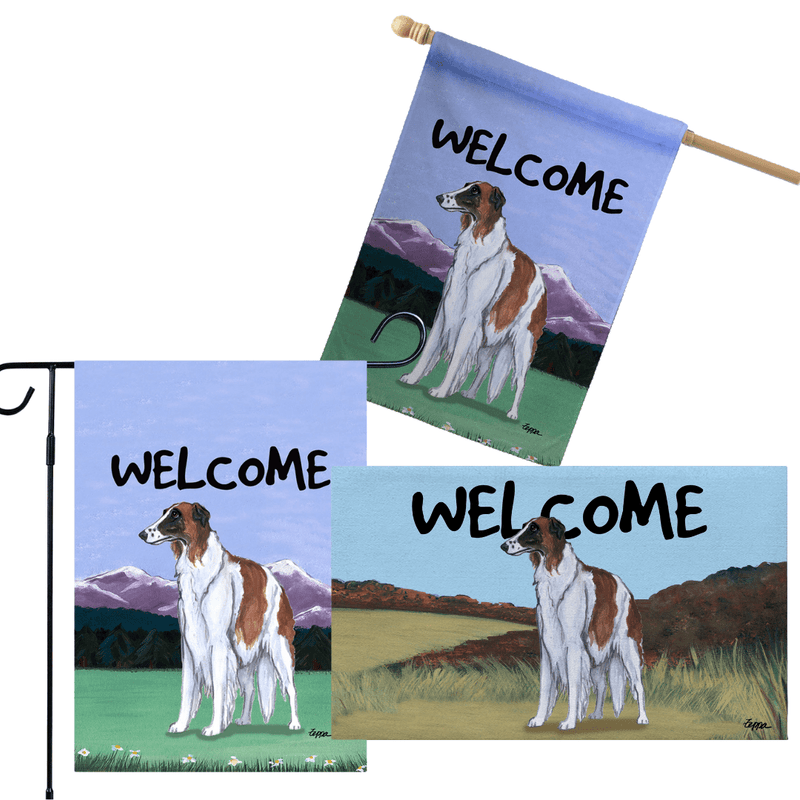 Borzoi 3 Piece Bundle - House Flag, Garden Flag, & Welcome Mat