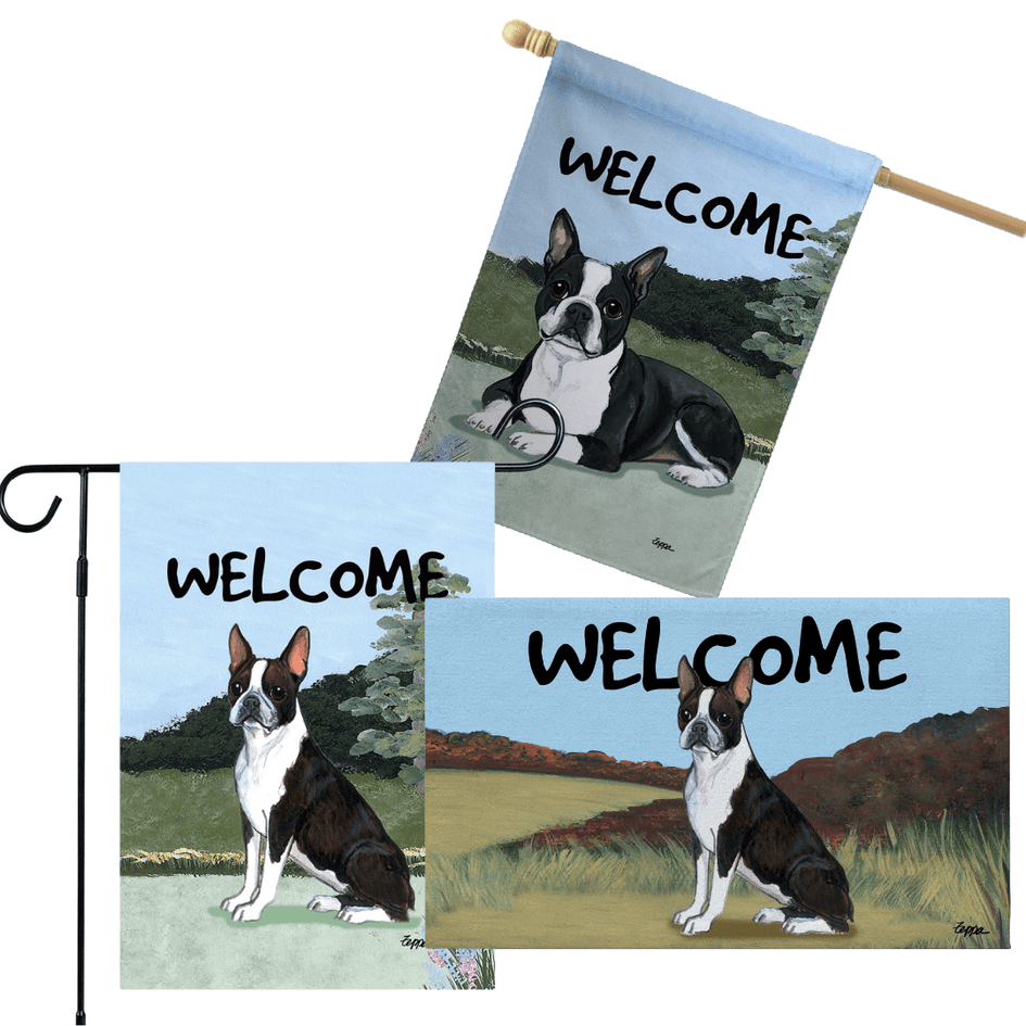Boston Terrier 3 Piece Bundle - House Flag, Garden Flag, & Welcome Mat