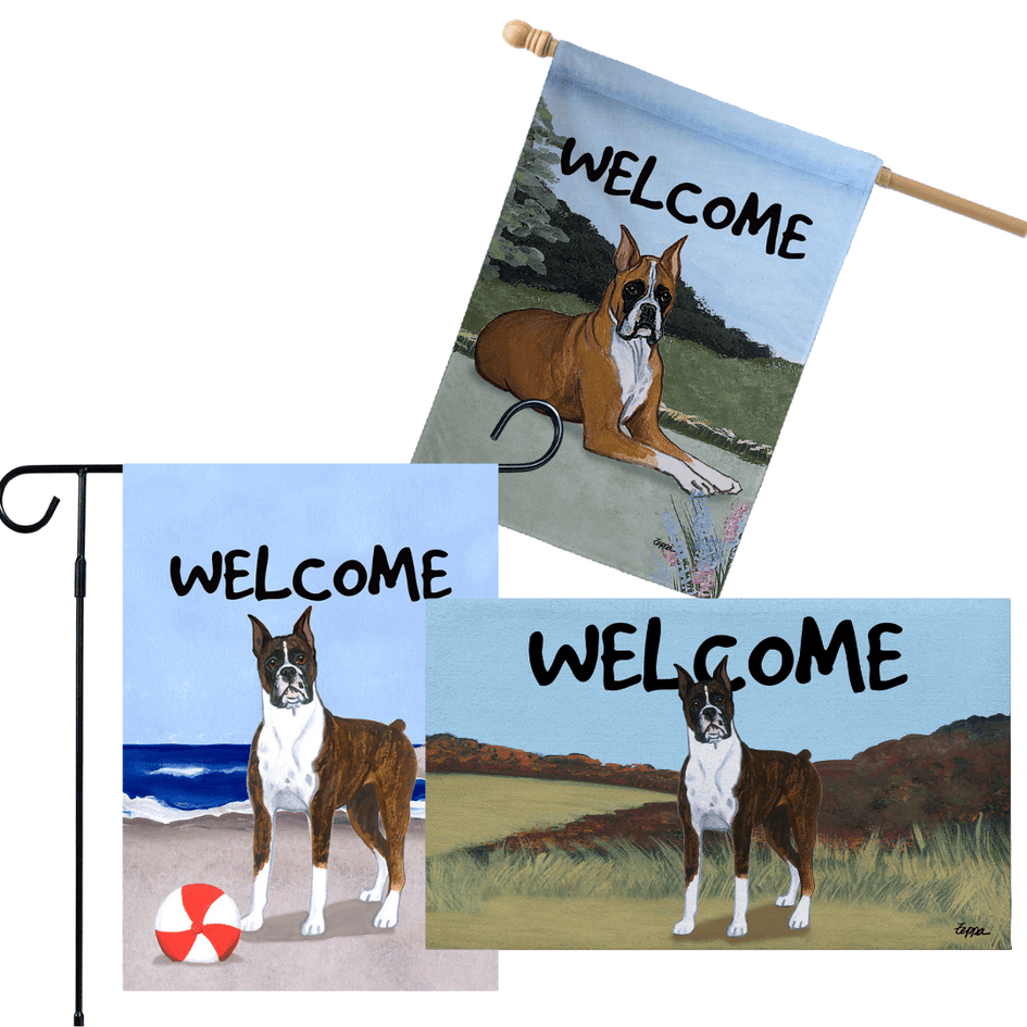 Boxer Lying 3 Piece Bundle - House Flag, Garden Flag, & Welcome Mat