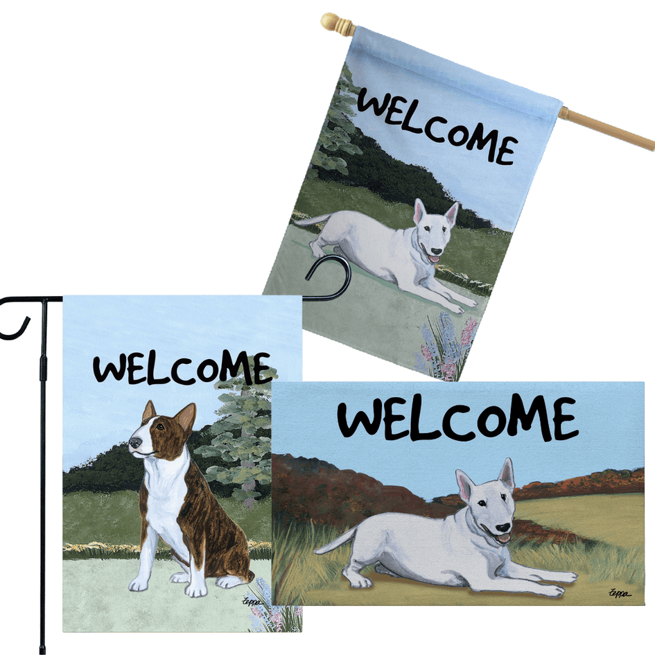 Bull Terrier 3 Piece Bundle - House Flag, Garden Flag, & Welcome Mat