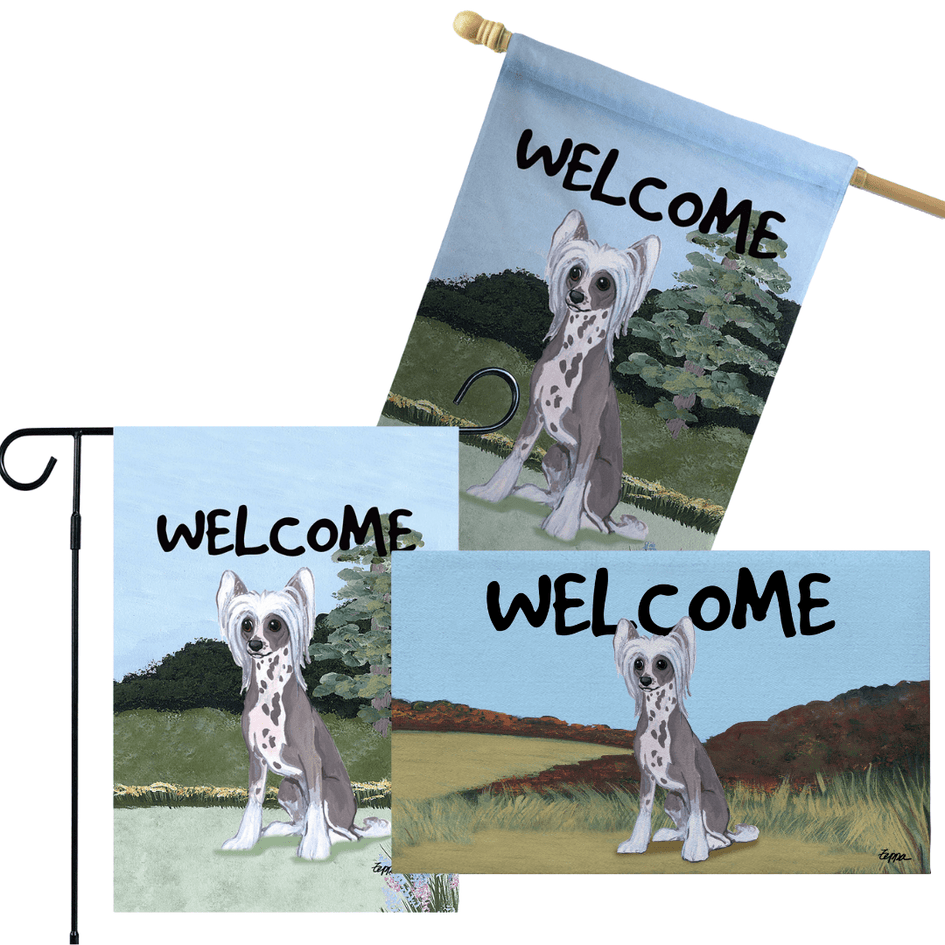 Chinese Crested 3 Piece Bundle - House Flag, Garden Flag, & Welcome Mat