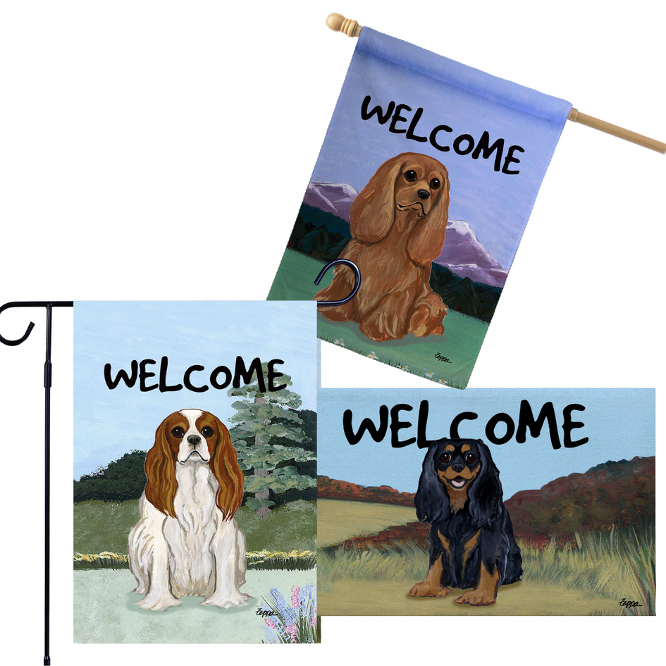 Cavalier King Charles Spaniel 3 Piece Bundle - House Flag, Garden Flag, & Welcome Mat