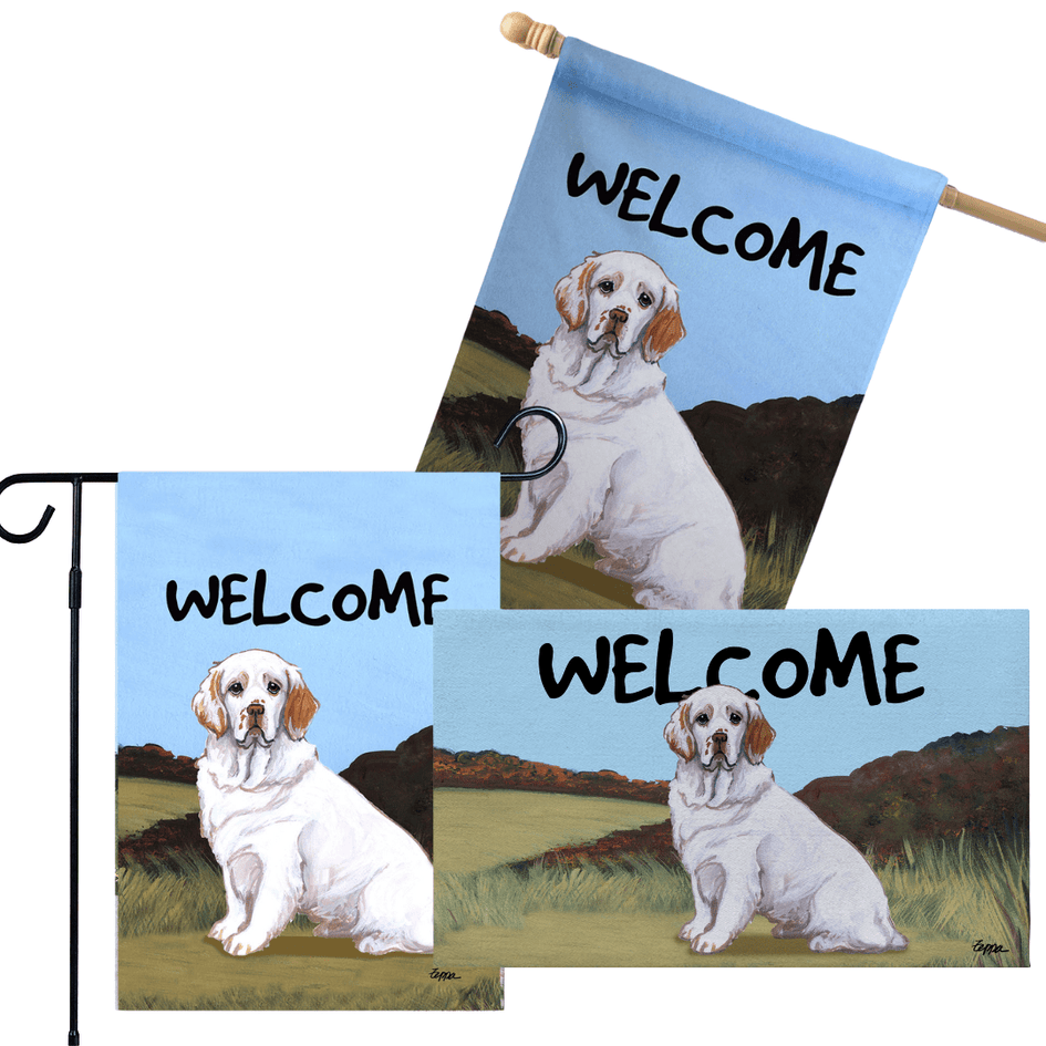 Clumber Spaniel 3 Piece Bundle - House Flag, Garden Flag, & Welcome Mat