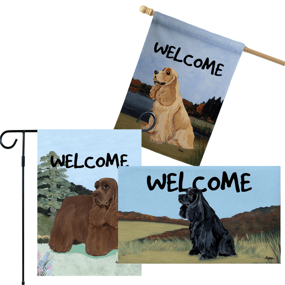 Cocker Spaniel 3 Piece Bundle - House Flag, Garden Flag, & Welcome Mat