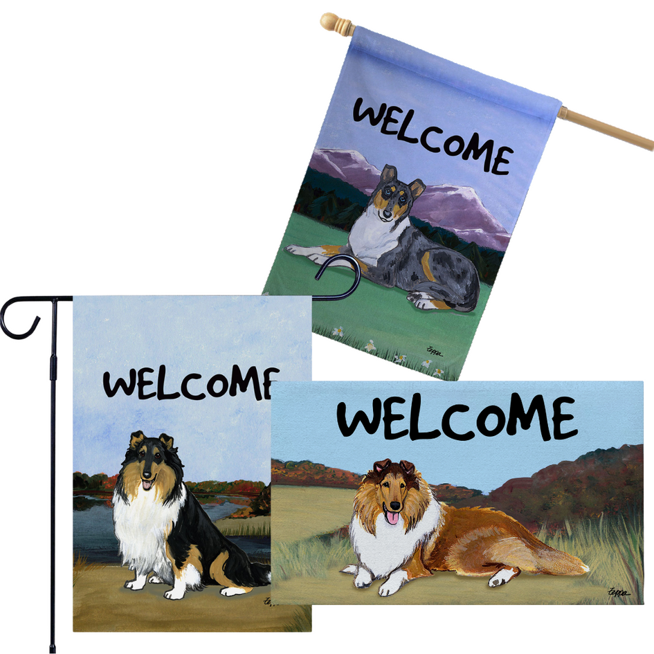 Collie 3 Piece Bundle - House Flag, Garden Flag, & Welcome Mat