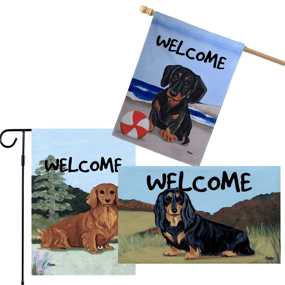 Dachshund 3 Piece Bundle - House Flag, Garden Flag, & Welcome Mat