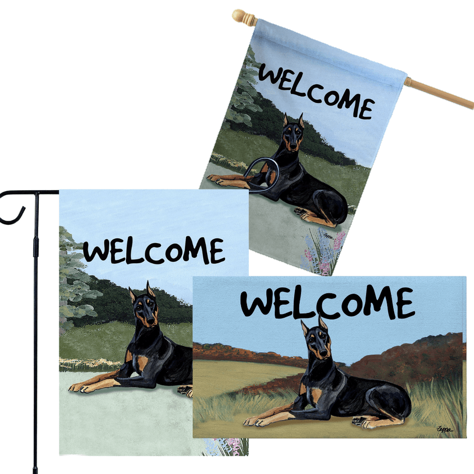 Doberman Pinscher 3 Piece Bundle - House Flag, Garden Flag, & Welcome Mat