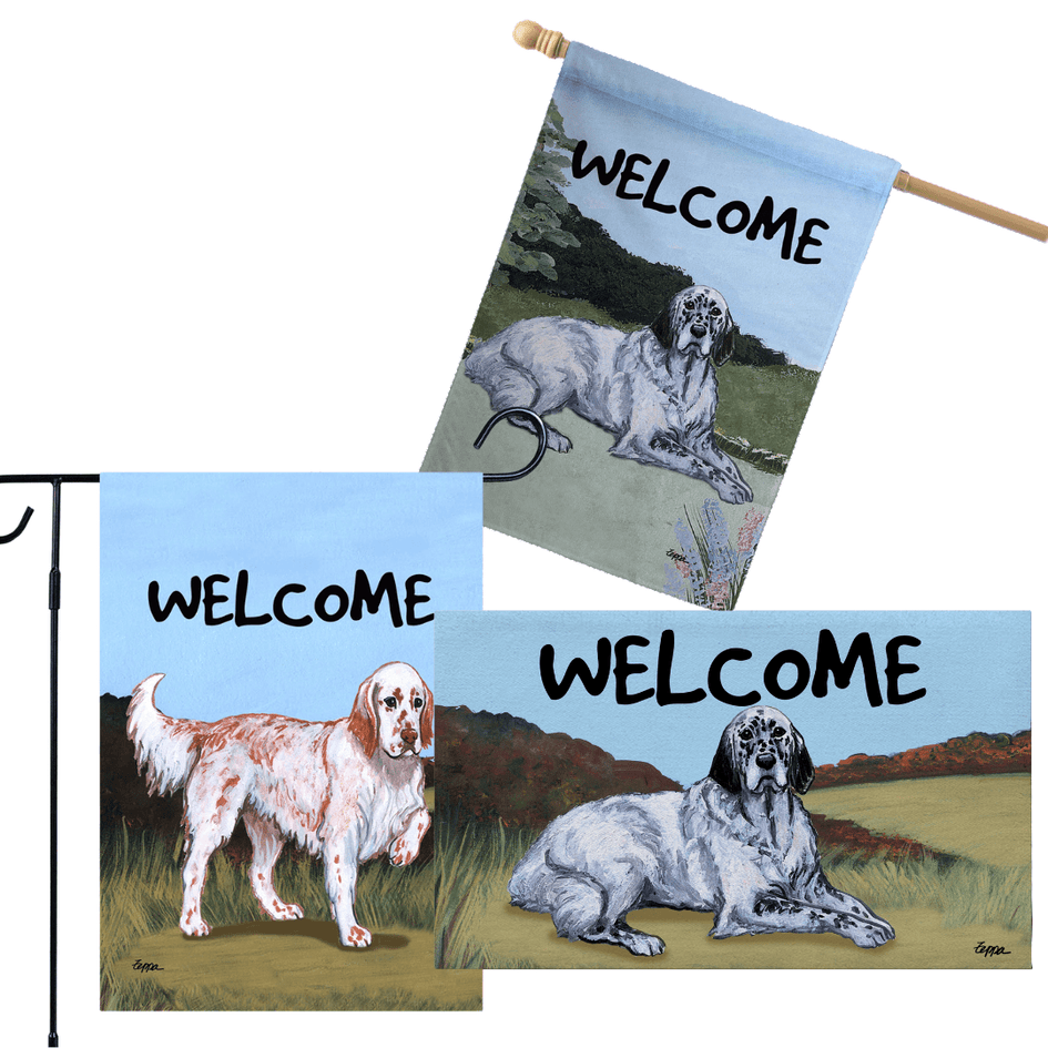 English Setter 3 Piece Bundle - House Flag, Garden Flag, & Welcome Mat