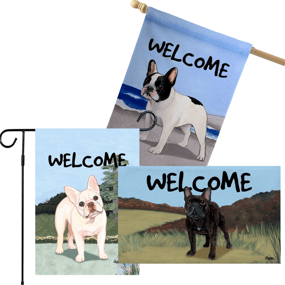 French Bulldog 3 Piece Bundle - House Flag, Garden Flag, & Welcome Mat