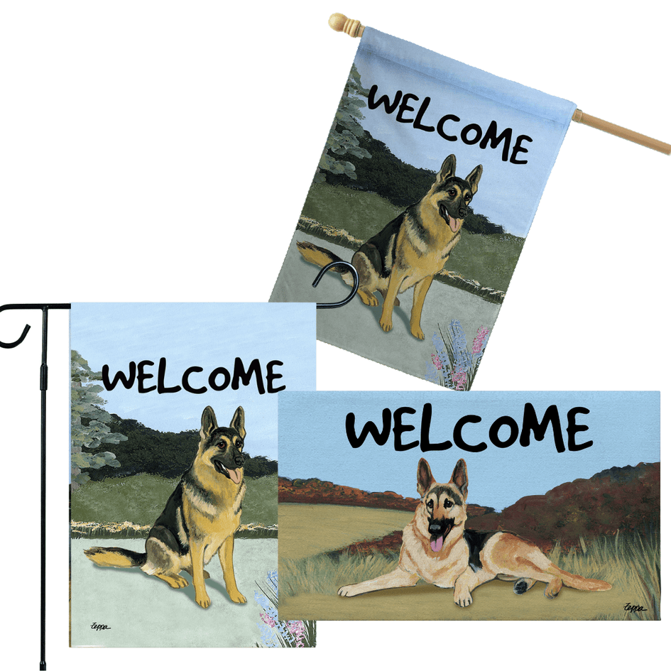 German Shepherd Dog 3 Piece Bundle - House Flag, Garden Flag, & Welcome Mat