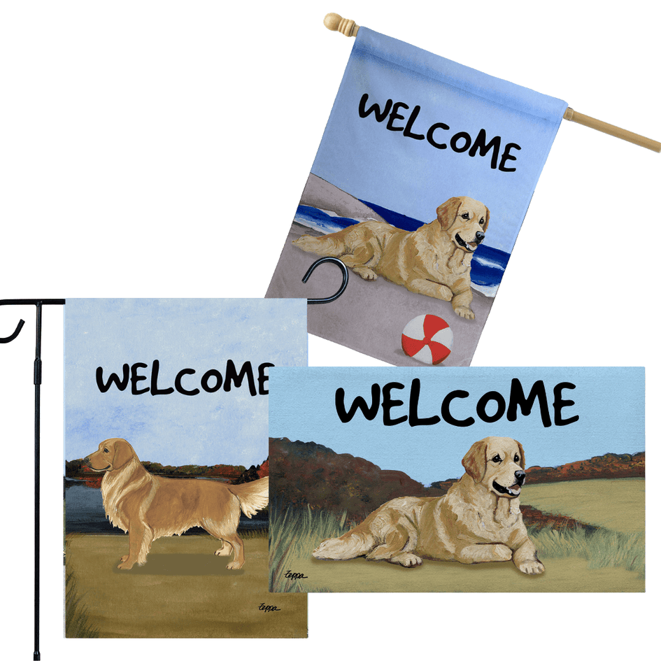 Golden Retriever 3 Piece Bundle - House Flag, Garden Flag, & Welcome Mat