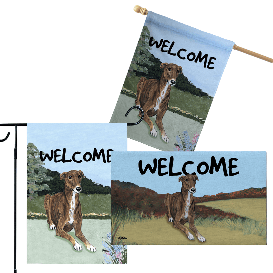 Greyhound 3 Piece Bundle - House Flag, Garden Flag, & Welcome Mat