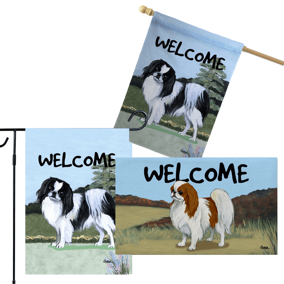 Japanese Chin 3 Piece Bundle - House Flag, Garden Flag, & Welcome Mat