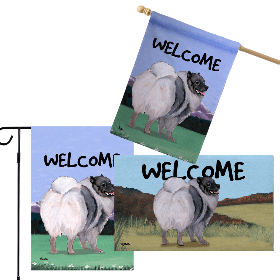 Keeshond 3 Piece Bundle - House Flag, Garden Flag, & Welcome Mat