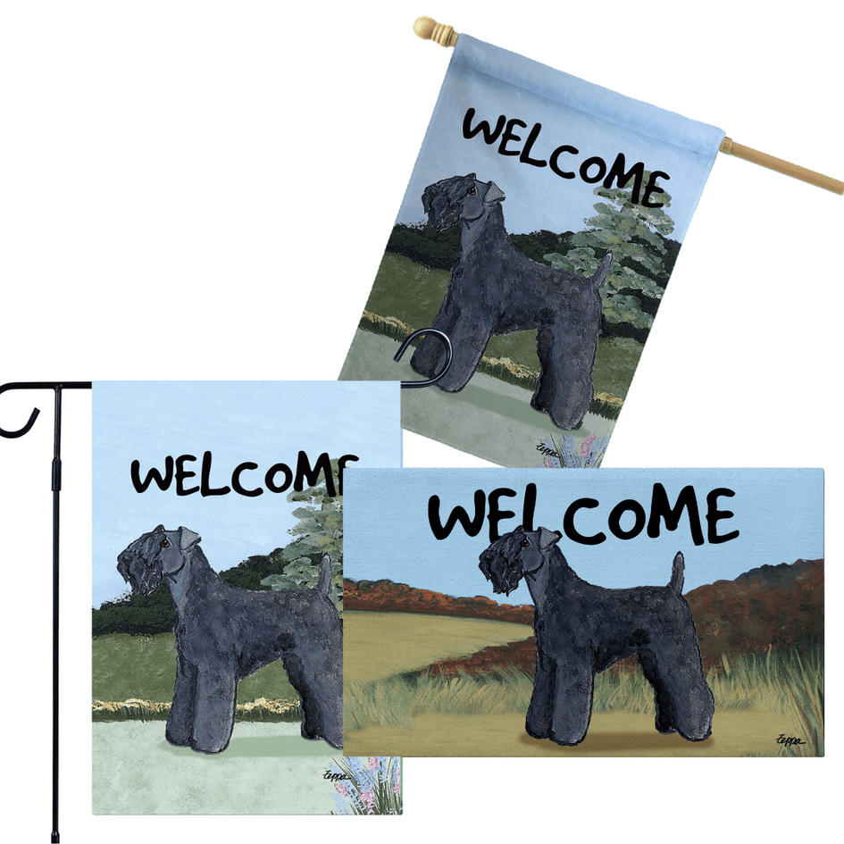 Kerry Blue Terrier 3 Piece Bundle - House Flag, Garden Flag, & Welcome Mat