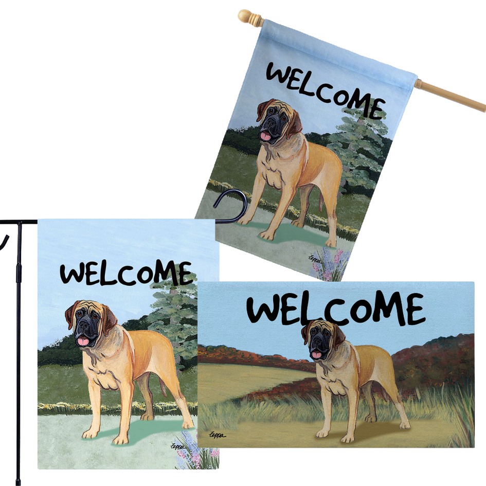 Mastiff 3 Piece Bundle - House Flag, Garden Flag, & Welcome Mat