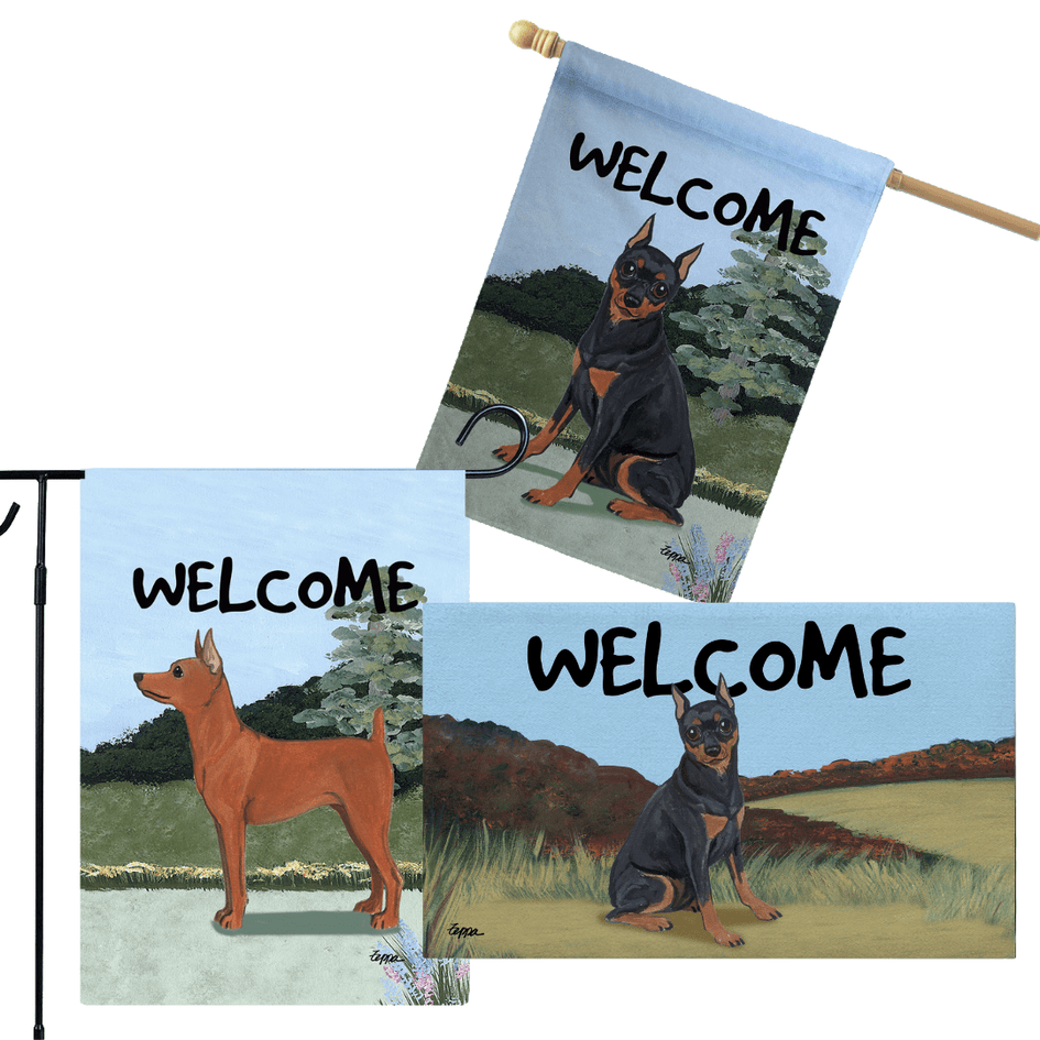 Miniature Pincher 3 Piece Bundle - House Flag, Garden Flag, & Welcome Mat