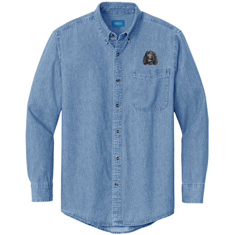 Irish Water Spaniel Embroidered Men's Denim Shirt
